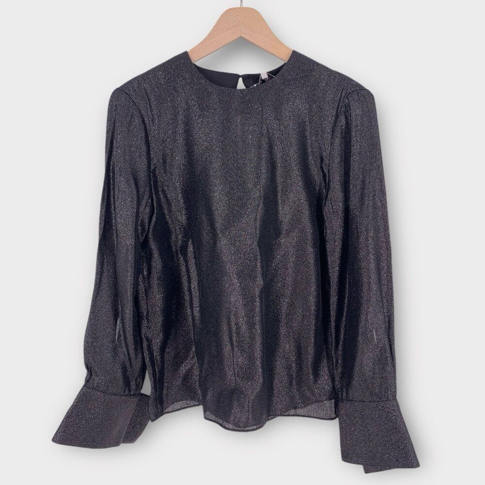 NWT Tibi Lame Flap Cuff Crewneck Top Blouse Black Sparkle 2 - Picture 3 of 16